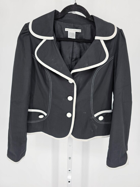 Maggy London Jackets & Blazers - Vintage Maggy London Womens Sz L Button Up Blazer Jacket Black w/ white Trim